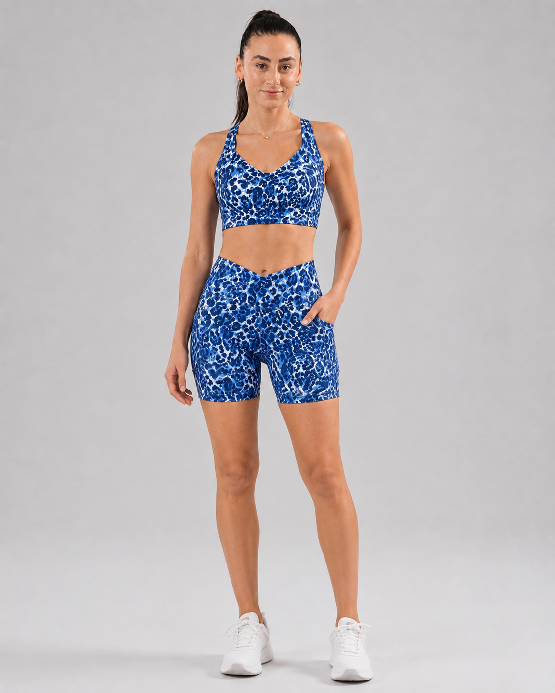 V-Waist Midi Biker Shorts with Pockets – Blue Jaguar – product view