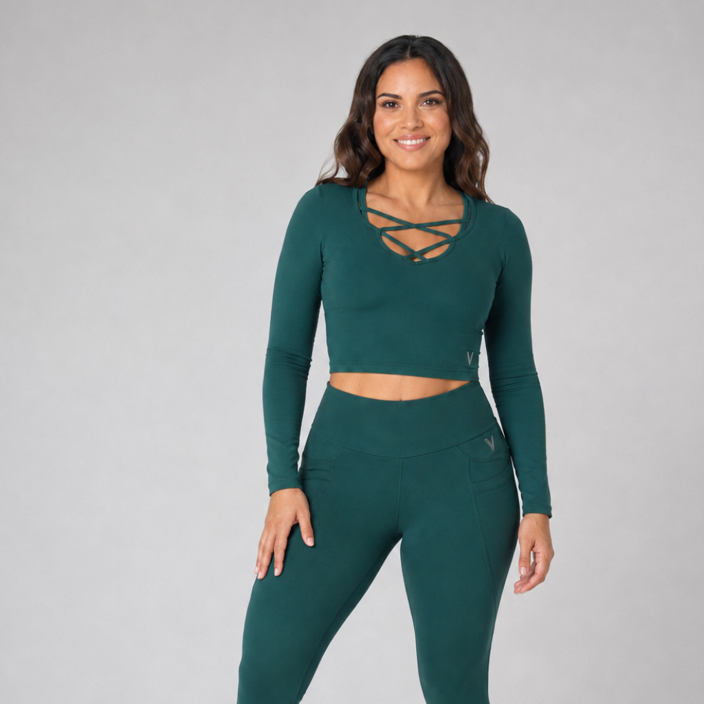 Eco Cross-Front Long-Sleeve Crop Top – Forest – product view