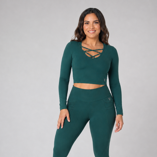 Eco Cross-Front Long-Sleeve Crop Top – Forest