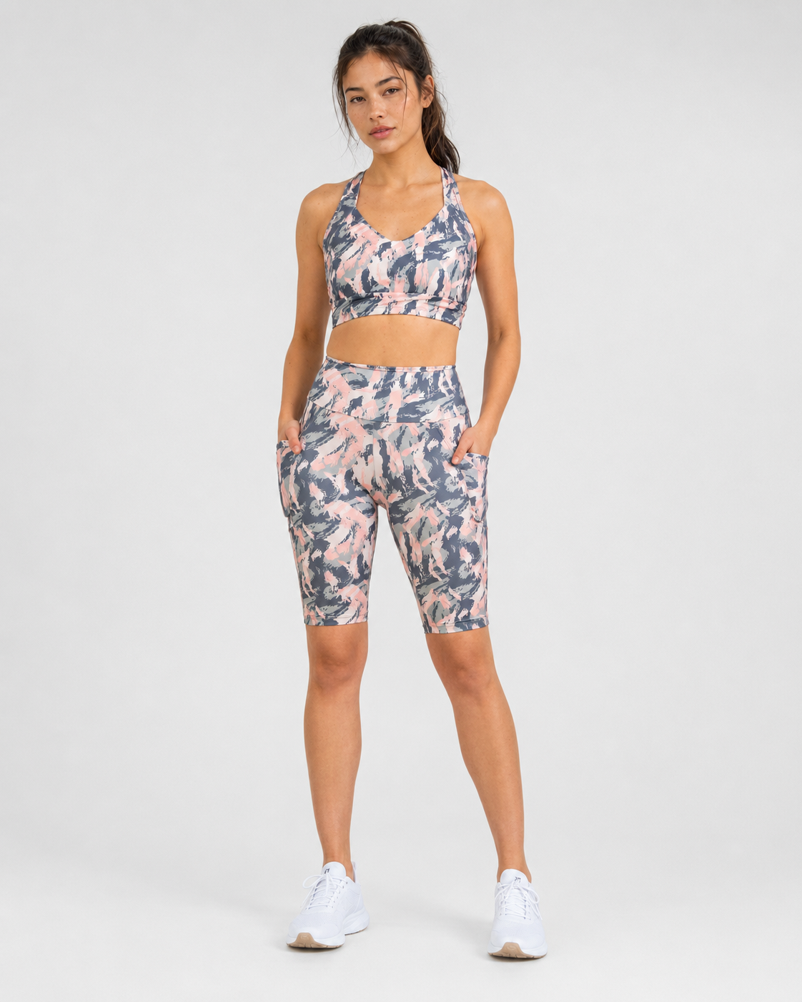 High-Waisted Biker Shorts with Pockets – Pastel Camo – product view