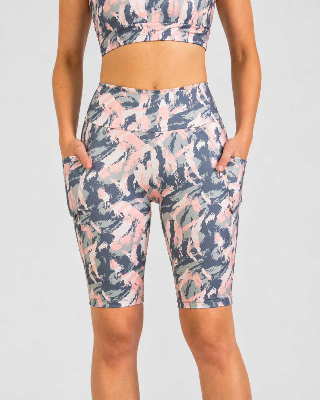High-Waisted Biker Shorts with Pockets – Pastel Camo – alternate view 2