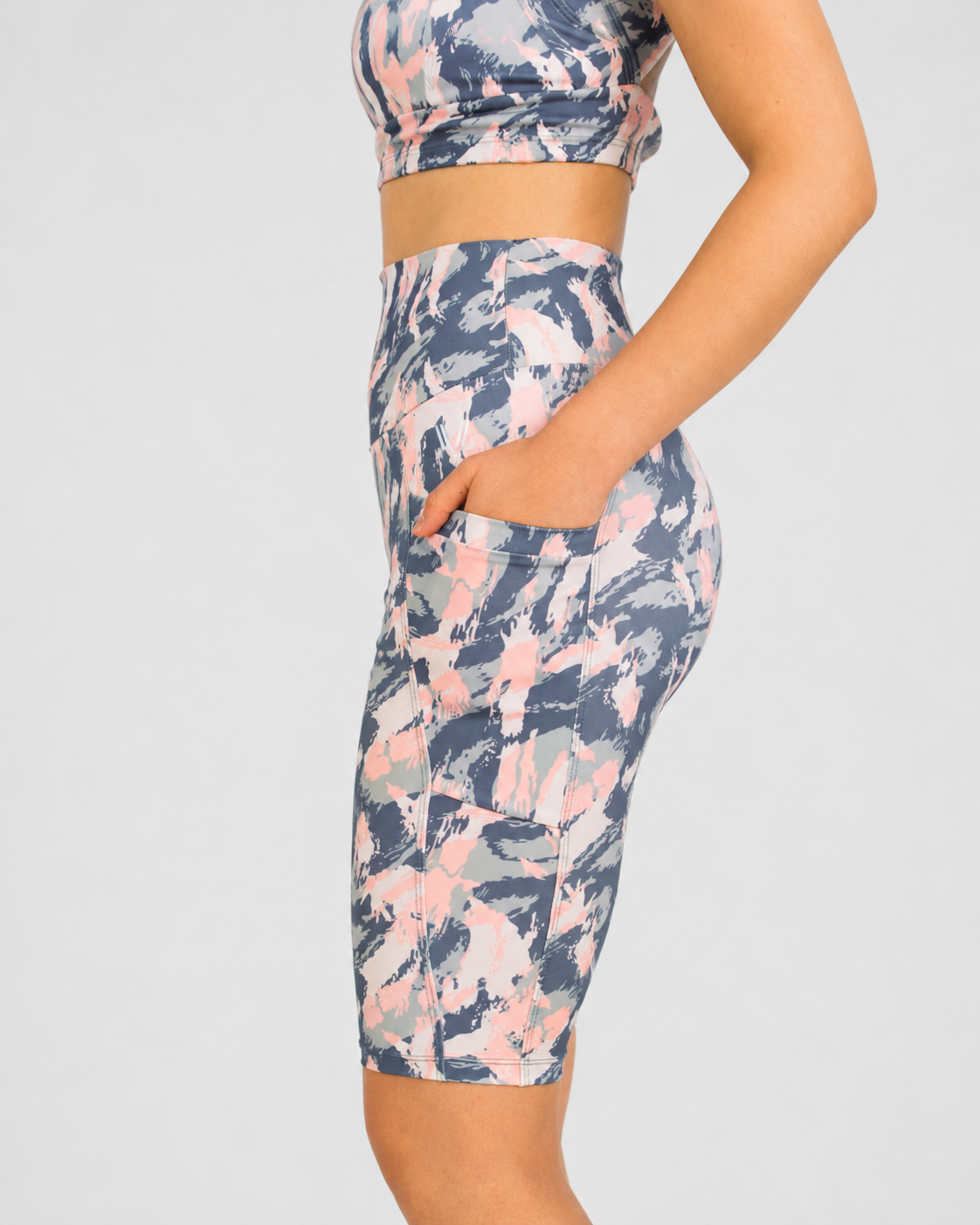 High-Waisted Biker Shorts with Pockets – Pastel Camo – alternate view 3