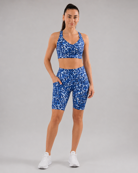 High-Waisted Biker Shorts with Pockets – Blue Jaguar – product view