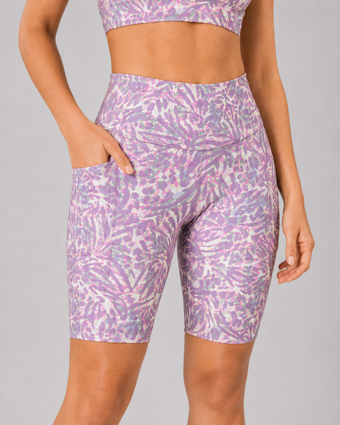 High-Waisted Biker Shorts with Pockets – Violet Tiger – alternate view 2