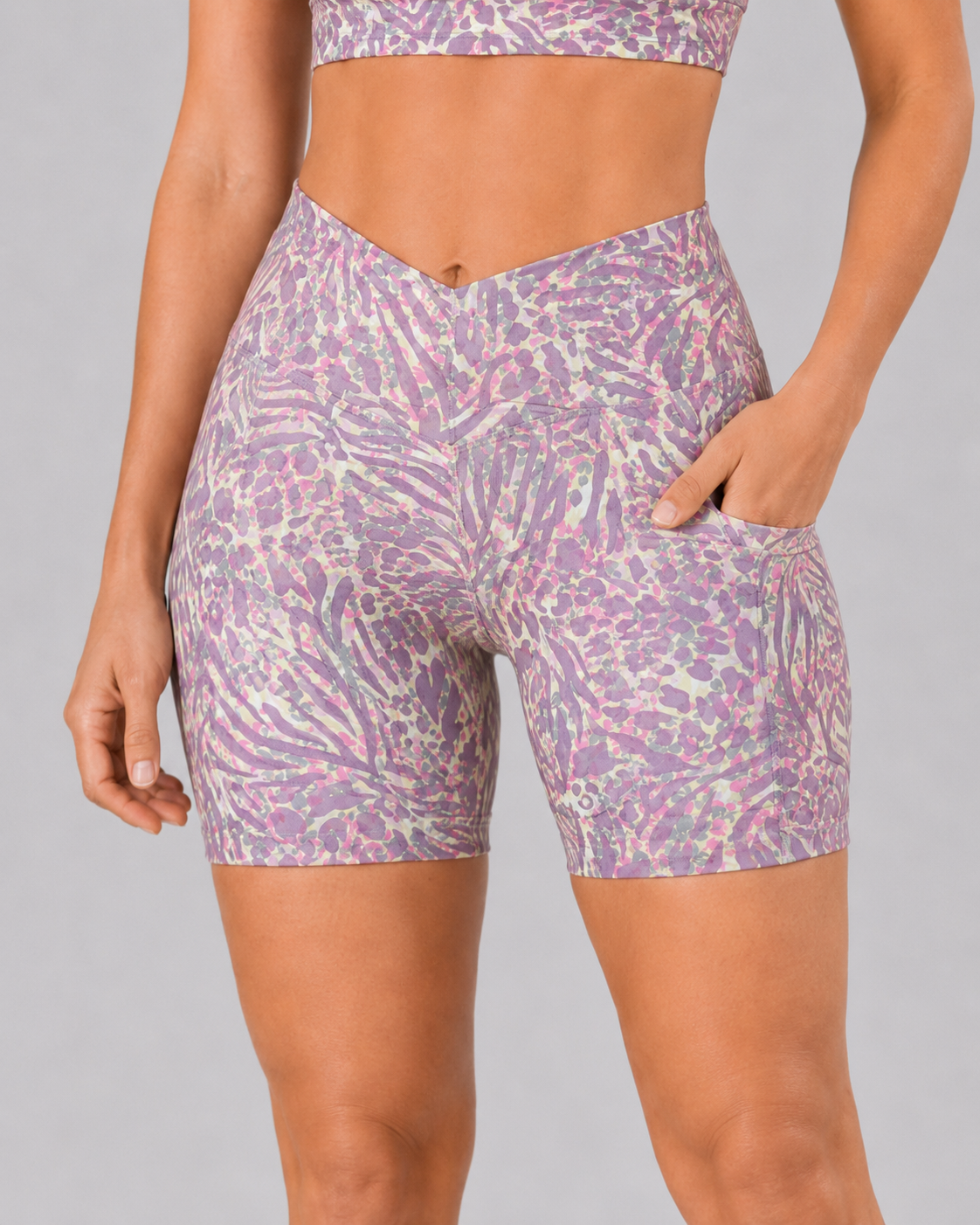 V-Waist Midi Biker Shorts with Pockets – Violet Tiger – alternate view 2