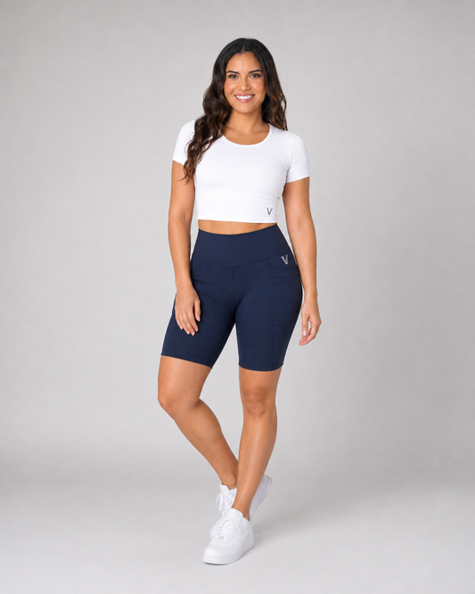 High-Waisted Biker Shorts with Pockets – Navy – product view