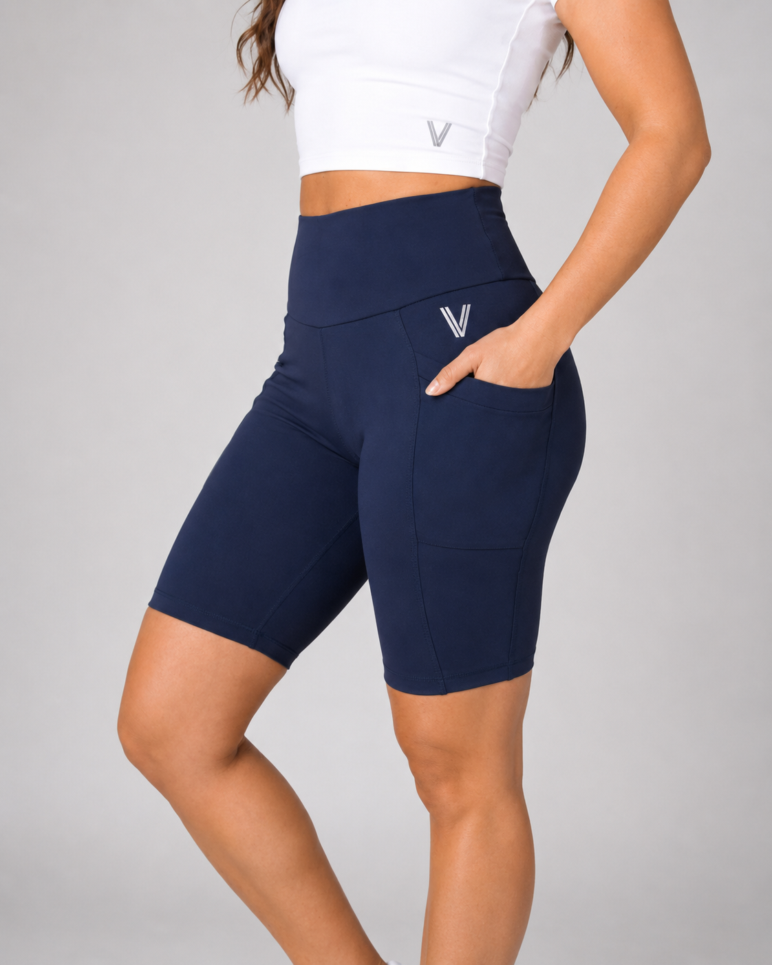 High-Waisted Biker Shorts with Pockets – Navy – alternate view 2