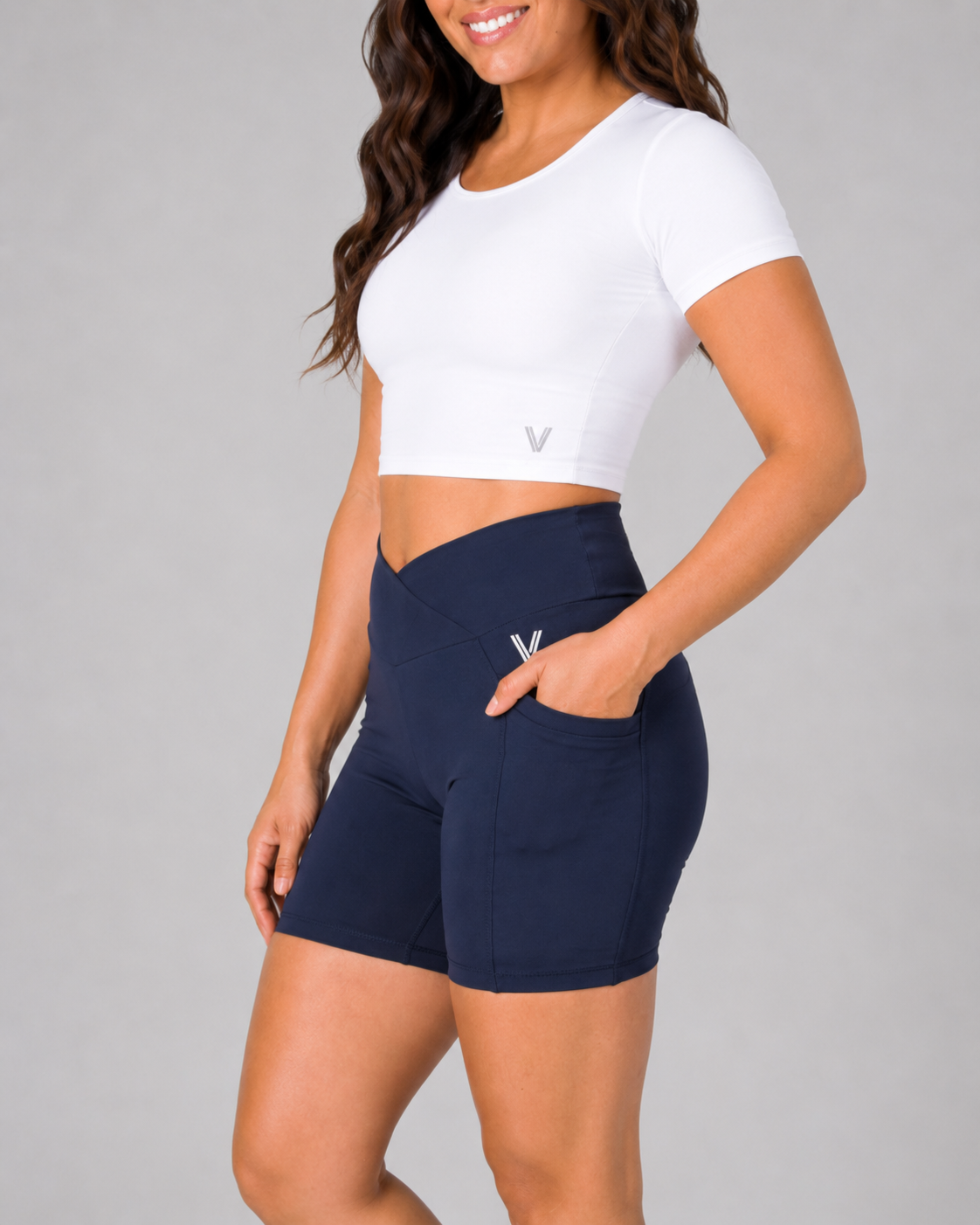V-Waist Midi Biker Shorts with Pockets – Navy – alternate view 3
