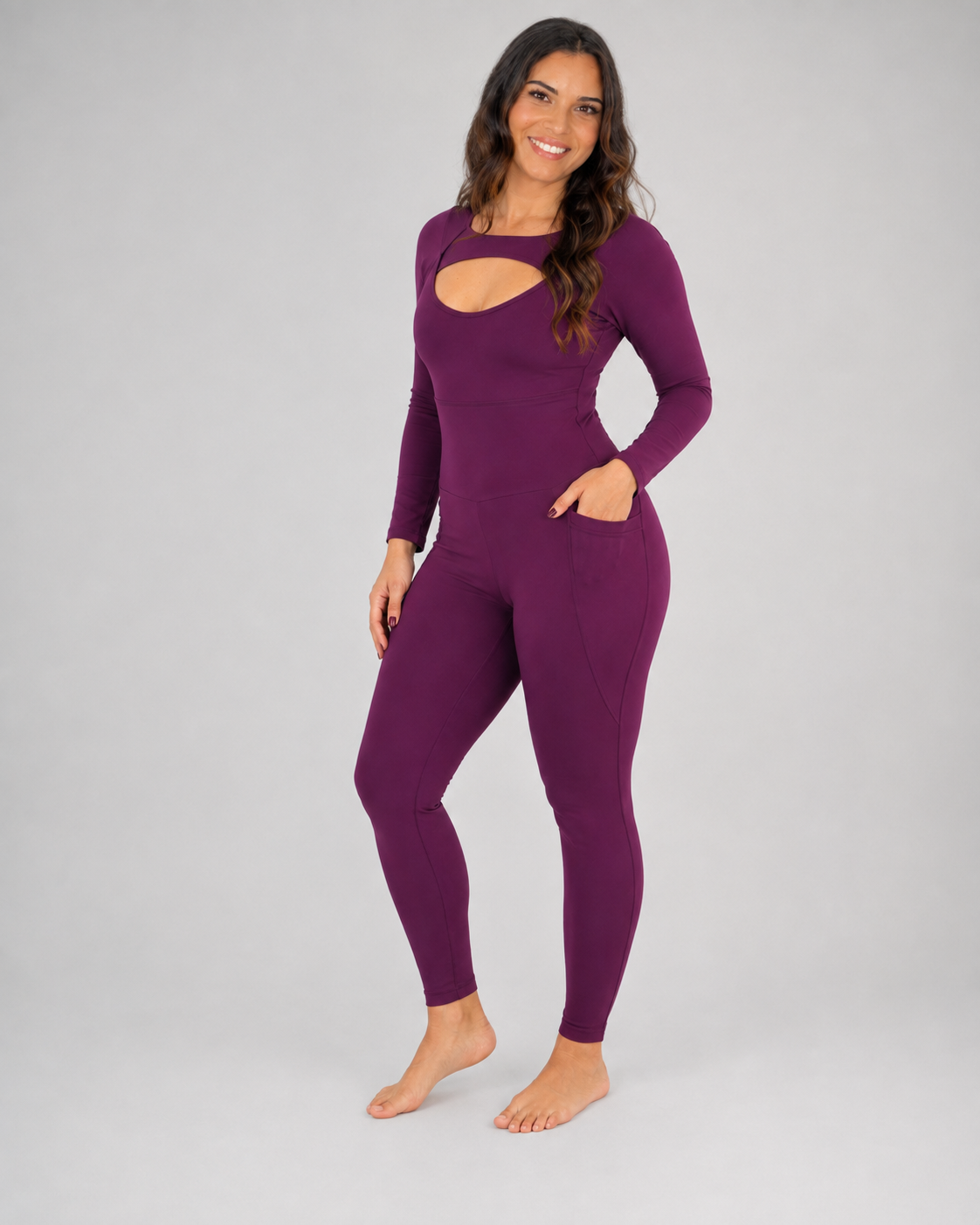 Long-Sleeve Jumpsuit with Pockets – Plum – side view