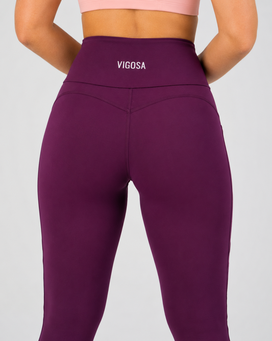 High-Waisted Training Tights with Pockets – Plum – back view