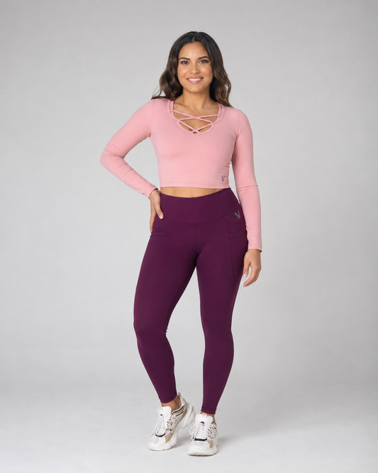 High-Waisted Training Tights with Pockets – Plum – front view