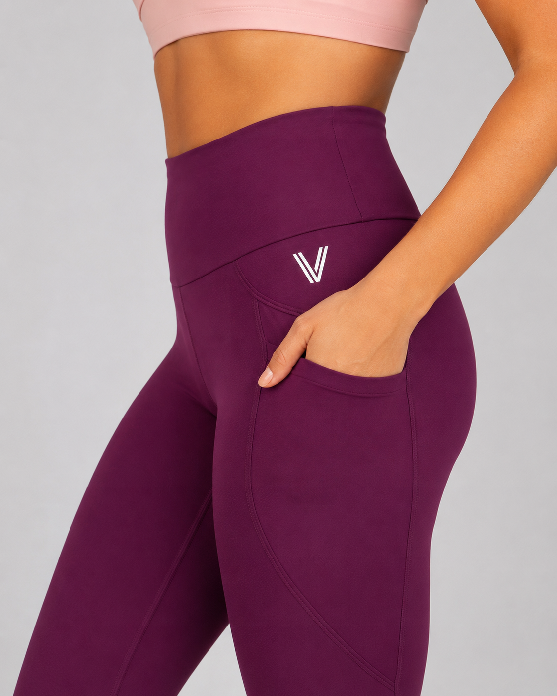 High-Waisted Training Tights with Pockets – Plum – side view