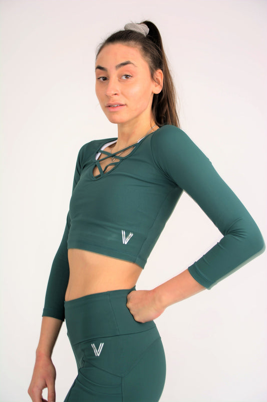 Eco Cross-Front Long Sleeve Crop Top - Forest Green