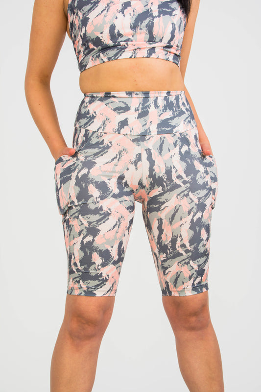 High Waisted Biker Shorts with pocket - Pastel Camo
